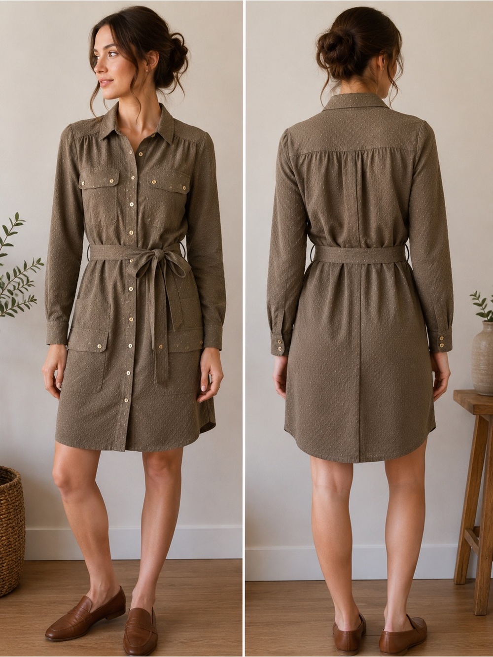 Trina Turk Women’s Olive Brown Shirt Dress Belted Utility Cotton Stretch